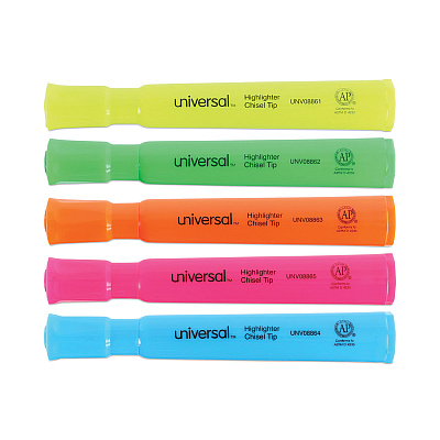 Universal Desk Highlighters, Assorted Ink Colors, Chisel Tip, Assorted Barrel Colors, 5/Set (UNV08860)