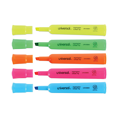 Universal Desk Highlighters, Assorted Ink Colors, Chisel Tip, Assorted Barrel Colors, 5/Set (UNV08860)