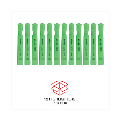 Universal Desk Highlighters, Fluorescent Green Ink, Chisel Tip, Green Barrel, Dozen (UNV08862)