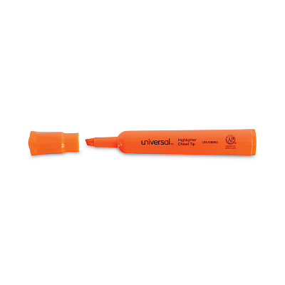Universal Desk Highlighters, Fluorescent Orange Ink, Chisel Tip, Orange Barrel, Dozen (UNV08863)