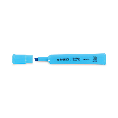 Universal Desk Highlighters, Fluorescent Blue Ink, Chisel Tip, Blue Barrel, Dozen (UNV08864)