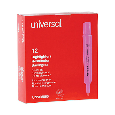 Universal Desk Highlighters, Fluorescent Pink Ink, Chisel Tip, Pink Barrel, Dozen (UNV08865)