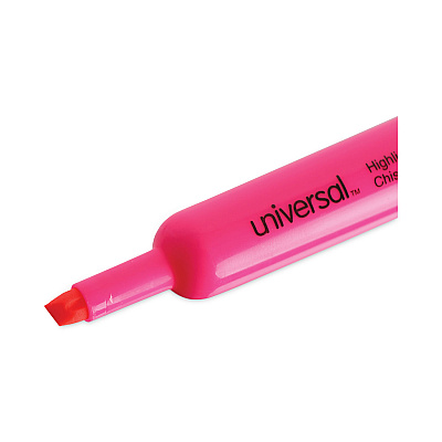 Universal Desk Highlighters, Fluorescent Pink Ink, Chisel Tip, Pink Barrel, Dozen (UNV08865)