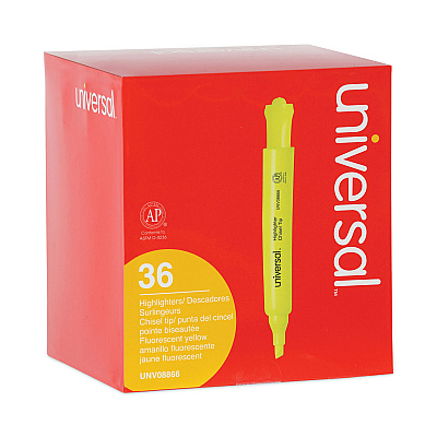 Universal Desk Highlighter Value Pack, Fluorescent Yellow Ink, Chisel Tip, Yellow Barrel, 36/Pack (UNV08866)