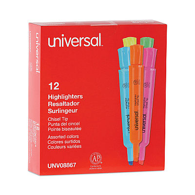Universal Desk Highlighters, Assorted Ink Colors, Chisel Tip, Assorted Barrel Colors, Dozen (UNV08867)