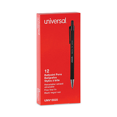Universal Ballpoint Pen, Retractable, Fine 0.7 mm, Black Ink, Black Barrel, Dozen (UNV15520)