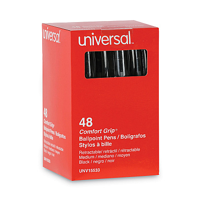 Universal Comfort Grip Ballpoint Pen, Retractable, Medium 1 mm, Black Ink, Clear/Black Barrel, 48/Pack (UNV15533)
