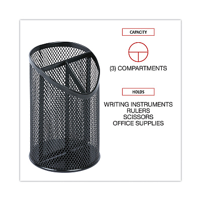 Universal Metal Mesh 3-Compartment Pencil Cup, 4.13" Diameter x 6"h, Black (UNV20019)