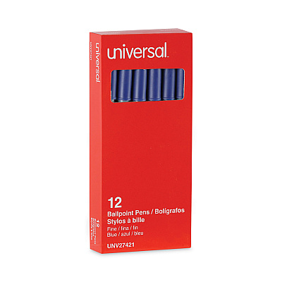 Universal Ballpoint Pen, Stick, Fine 0.7 mm, Blue Ink, Gray/Blue Barrel, Dozen (UNV27421)