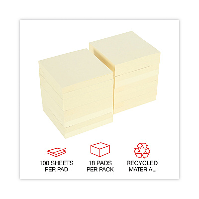 Universal Recycled Self-Stick Note Pads, 3" x 3", Yellow, 100 Sheets/Pad, 18 Pads/Pack (UNV28068)