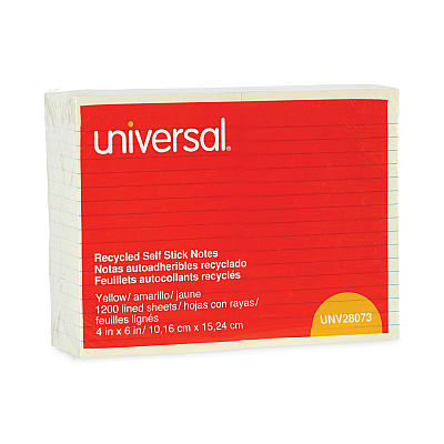Universal Recycled Self-Stick Note Pads, Note Ruled, 4" x 6", Yellow, 100 Sheets/Pad, 12 Pads/Pack (UNV28073)