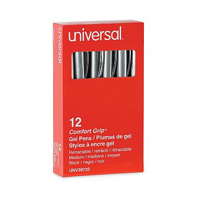 Universal Comfort Grip Gel Pen, Retractable, Medium 0.7 mm, Black Ink, Gray/Black/Silver Barrel, Dozen (UNV39720)