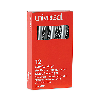 Universal Comfort Grip Gel Pen, Retractable, Medium 0.7 mm, Blue Ink, Gray/Blue/Silver Barrel, Dozen (UNV39721)