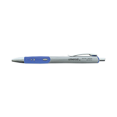 Universal Comfort Grip Gel Pen, Retractable, Medium 0.7 mm, Blue Ink, Gray/Blue/Silver Barrel, Dozen (UNV39721)