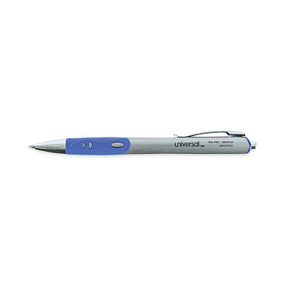 Universal Comfort Grip Gel Pen, Retractable, Medium 0.7 mm, Blue Ink, Gray/Blue/Silver Barrel, Dozen (UNV39721)