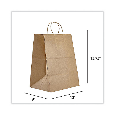Prime Time Packaging Kraft Paper Bags, Natural Twisted-Paper Handles, Regal Size, 12" x 9" x 15.75", Natural, 200/Carton (PTENK12916)