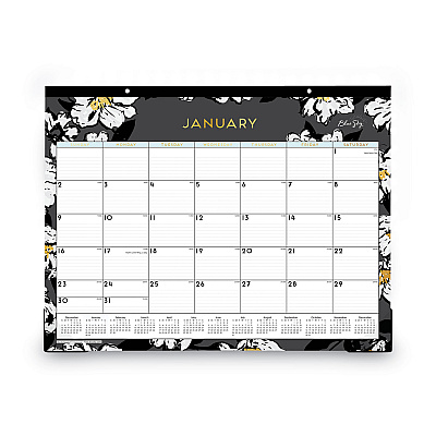 Blue Sky Baccara Dark Desk Pad, Floral Artwork, 22 x 17, White/Black/Gold Sheets, Black Binding, 12-Month (Jan to Dec): 2026 (110215)