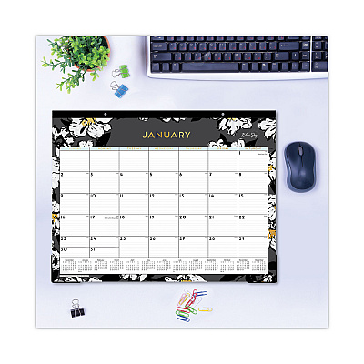 Blue Sky Baccara Dark Desk Pad, Floral Artwork, 22 x 17, White/Black/Gold Sheets, Black Binding, 12-Month (Jan to Dec): 2026 (110215)