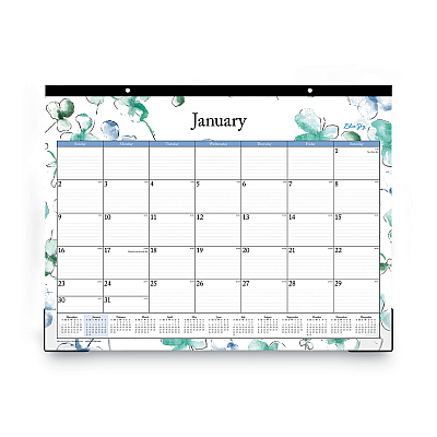 Blue Sky Lindley Desk Pad, Floral Artwork, 22 x 17, White/Blue/Green Sheets, Black Binding, Clear Corners, 12-Month (Jan to Dec): 2025 (100018)
