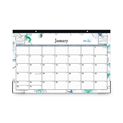 Blue Sky Lindley Desk Pad, Floral Artwork, 17 x 11, White/Blue/Green Sheets, Black Binding, Clear Corners, 12-Month (Jan to Dec): 2026 (100024)