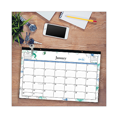 Blue Sky Lindley Desk Pad, Floral Artwork, 17 x 11, White/Blue/Green Sheets, Black Binding, Clear Corners, 12-Month (Jan to Dec): 2026 (100024)