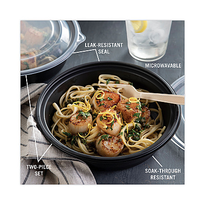 Pactiv Evergreen EarthChoice MealMaster Container with Lid, 32 oz, 8" dia x 2.12" h, 1-Compartment, Black/Clear, Plastic, 250/Carton (PCT0CN8083200BL)