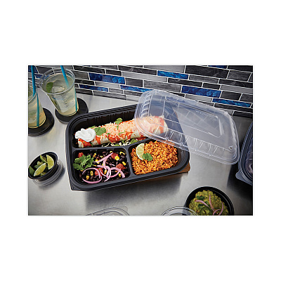 Pactiv Evergreen EarthChoice Entree2Go Takeout Container, 3-Compartment, 48 oz, 11.75 x 8.75 x 2.13, Black, Plastic, 200/Carton (PCTYCNB12X95203)