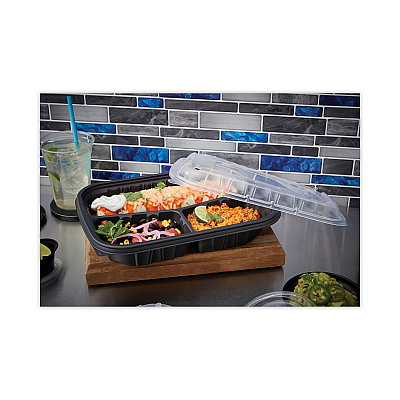 Pactiv Evergreen EarthChoice Entree2Go Takeout Container, 3-Compartment, 48 oz, 11.75 x 8.75 x 2.13, Black, Plastic, 200/Carton (PCTYCNB12X95203)