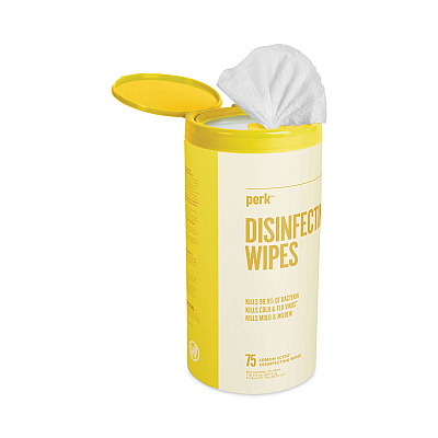 Perk Disinfecting Wipes, 7 x 8, Lemon, White, 75 Wipes/Canister, 6 Canisters/Carton (PRK56665CT)