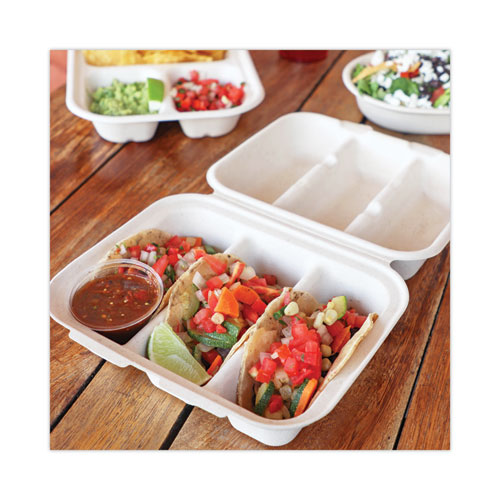World Centric Fiber Hinged Containers, Taco Box, 3-Compartment, 7 x 8.3 x 3.2, Natural, Paper, 300/Carton (TOSCT3)