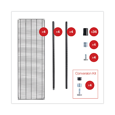 Alera BA Plus Wire Shelving Kit, Four-Shelf, 72w x 24d x 72h, Black Anthracite Plus (ALESW207224BA)