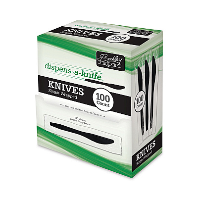 Berkley Square Dispens-a-Knife, Individually Wrapped, Mediumweight, Plastic, Black, 100/Box (BSQBEP90200)