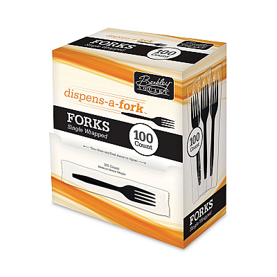 Berkley Square Dispens-a-Fork, Individually Wrapped, Mediumweight, Plastic, Black, 100/Box (BSQBEP90202)
