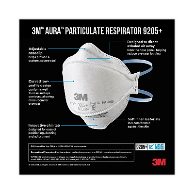 3M Aura Particulate Respirator 9205+, N95, One Size Fits All, 20/Pack (MMM9205PH20DC)