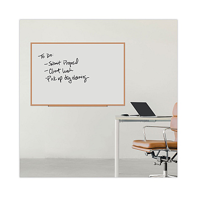Universal Deluxe Melamine Dry Erase Board, 72 x 48, Melamine White Surface, Oak Fiberboard Frame (UNV43621)