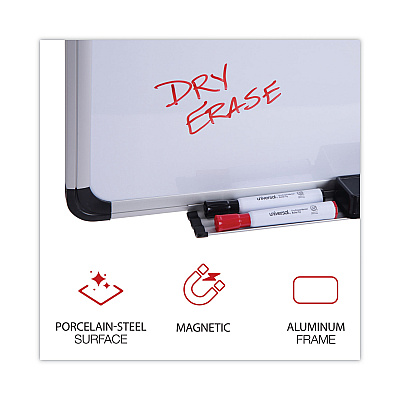 Universal Deluxe Porcelain Magnetic Dry Erase Board, 72 x 48, White Surface, Silver/Black Aluminum Frame (UNV43843)