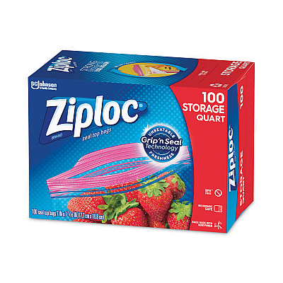 Ziploc Seal Top Bags, Quart, 7.44" x 7", Clear, 100/Box (SJN316962)