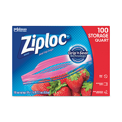 Ziploc Seal Top Bags, Quart, 7.44" x 7", Clear, 100/Box (SJN316962)