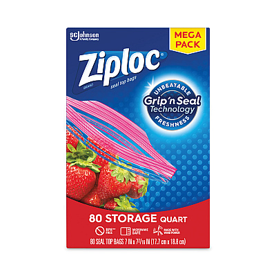 Ziploc Seal Top Bags, Quart, 7.44" x 7", Clear, 80/Box (SJN314471)