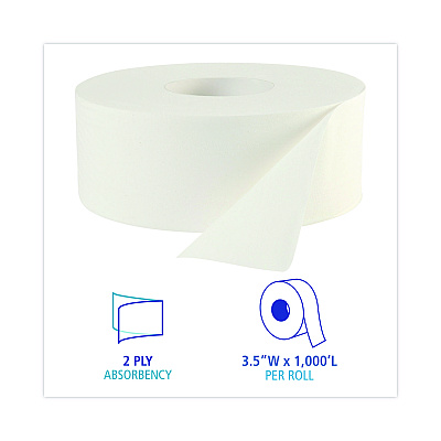 Boardwalk JRT Bath Tissue, Jumbo, Septic Safe, 2-Ply, White, 3.3" x 1,000 ft, 12 Rolls/Carton (BWK6100B)