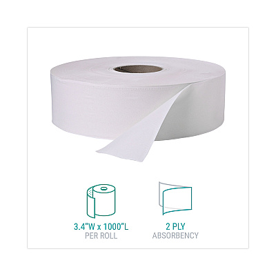 Windsoft Jumbo Roll Bath Tissue, Septic Safe, 2 Ply, White, 3.4" x 1,000 ft, 12 Rolls/Carton (WIN202)
