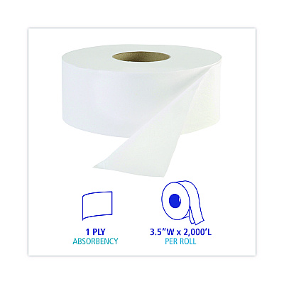 Boardwalk JRT Jr. Bath Tissue, Jumbo, Septic Safe, 1-Ply, White, 3.3" x 2,000 ft, 12/Carton (BWK6101)