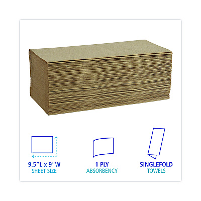 Boardwalk Singlefold Paper Towels, 1-Ply, 9 x 9.45, Natural, 250/Pack, 16 Packs/Carton (BWK6210)