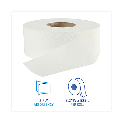 Boardwalk Jumbo Roll Bathroom Tissue, Septic Safe, 2-Ply, White, 3.2" x 525 ft, 12 Rolls/Carton (BWK410320)