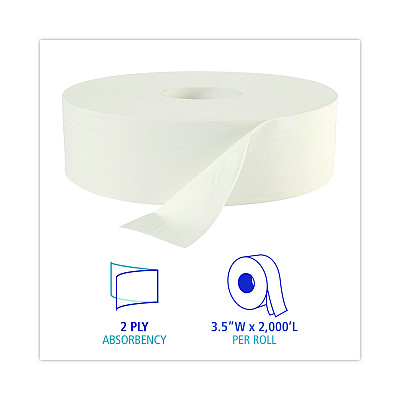 Boardwalk JRT Bath Tissue, Jumbo, Septic Safe, 2-Ply, White, 3.5" x 2,000 ft, 12" dia, 6 Rolls/Carton (BWK6102B)