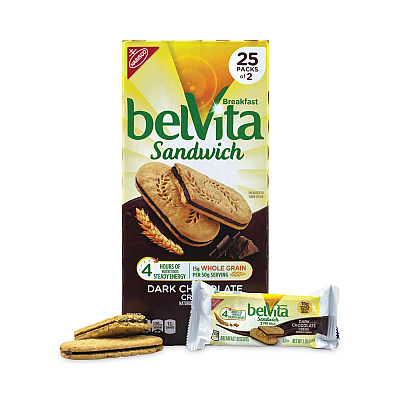 Nabisco belVita Breakfast Biscuits, Dark Chocolate Creme Breakfast Sandwich, 1.76 oz Pack, 25 Packs/Carton (GRR22000570)