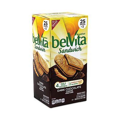 Nabisco belVita Breakfast Biscuits, Dark Chocolate Creme Breakfast Sandwich, 1.76 oz Pack, 25 Packs/Carton (GRR22000570)