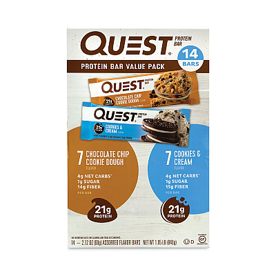 Quest Protein Bar Value Pack, Chocolate Chip Cookie Dough, Cookies and Cream, 2.12 oz Bar, 14/Carton (GRR22000966)