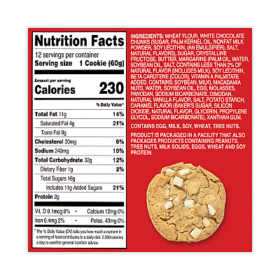 Mrs. Fields White Chunk Macadamia Cookies, 2.1 oz, Individually Wrapped Pack, White Chocolate, 12/Carton (GRR20900470)