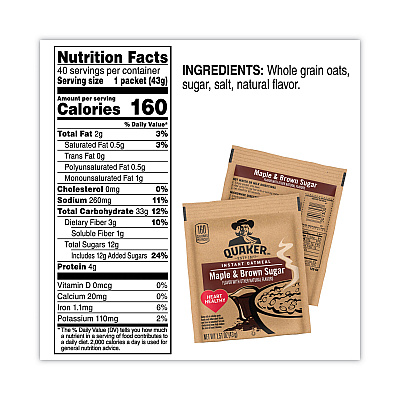 Quaker Instant Oatmeal, Maple and Brown Sugar, 1.51 oz Packet, 40/Carton (GRR22000754)